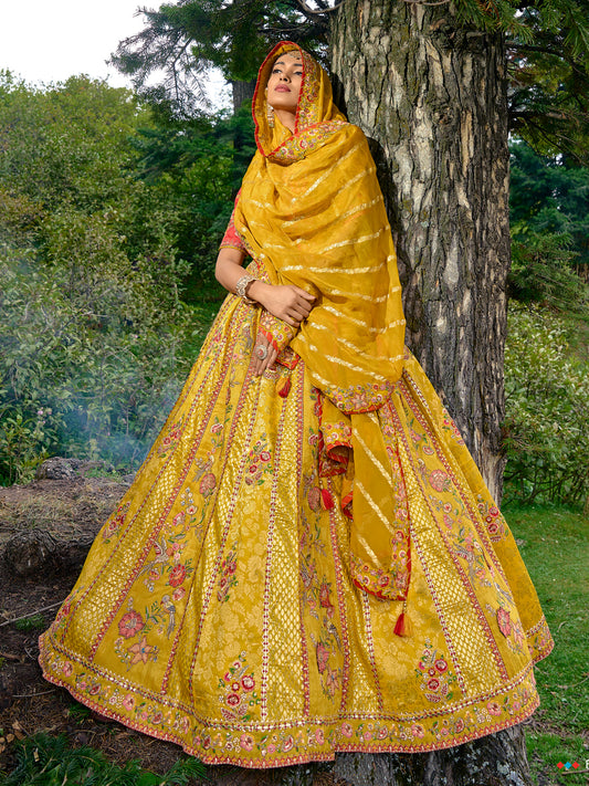 Silk Wedding Lehenga with Zari work  in Yellow-81683