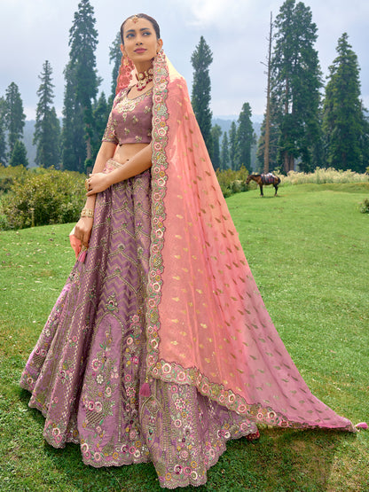 Silk Wedding Lehenga with Zari work  in Purple-81684