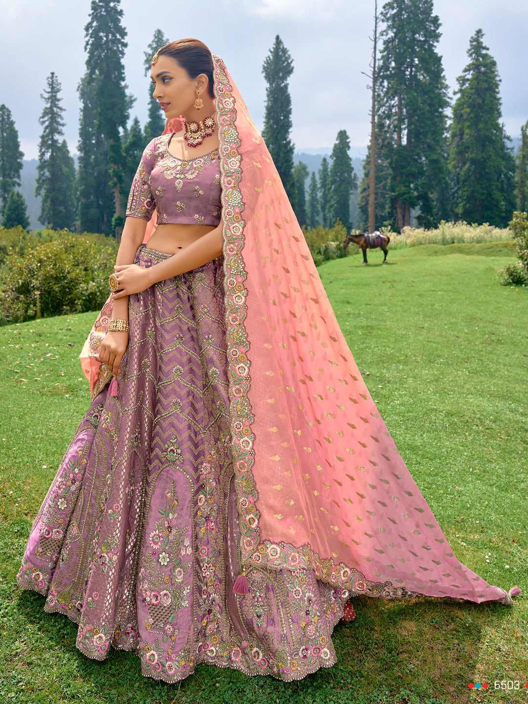 Silk Wedding Lehenga with Zari work  in Purple-81684