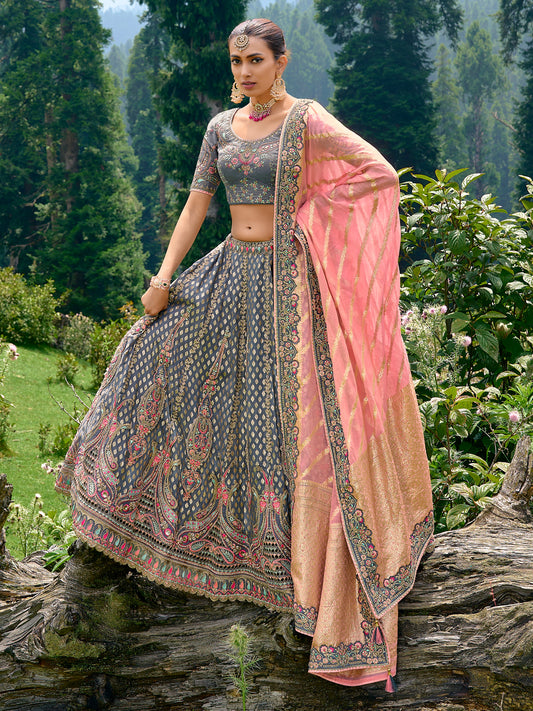 Silk Wedding Lehenga with Zari work  in Grey-81685