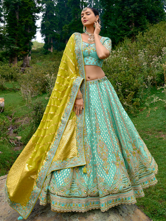Silk Wedding Lehenga with Zari work in Green-81686