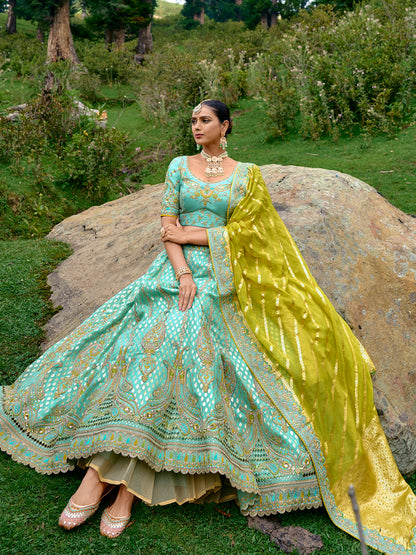 Silk Wedding Lehenga with Zari work in Green-81686