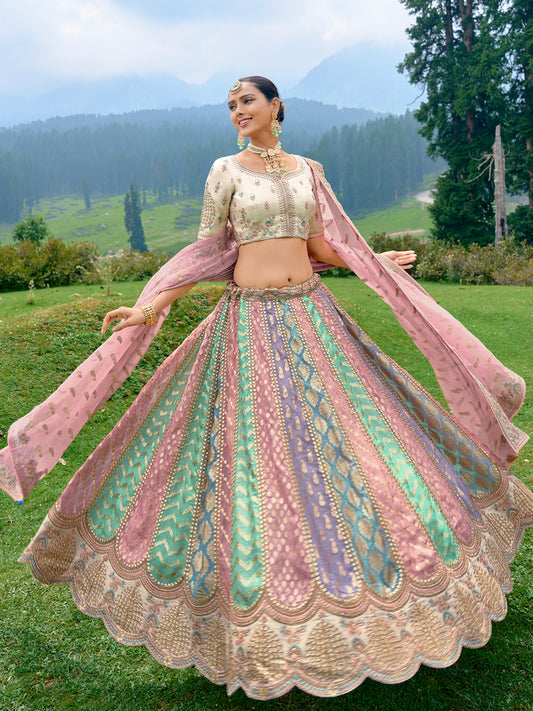 Silk Wedding Lehenga with Zari work in Multicolor-81687