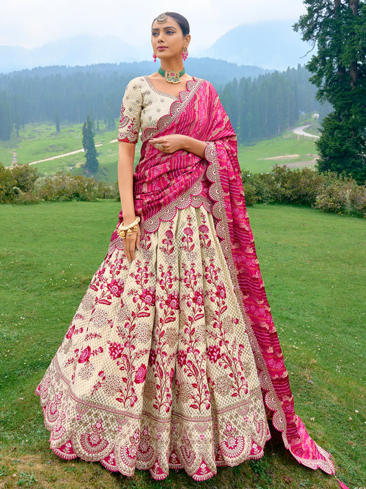 Silk Wedding Lehenga with Zari work in off white-81690