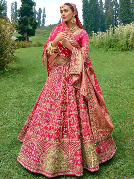 Silk Wedding Lehenga with Zari work in Pink-81691