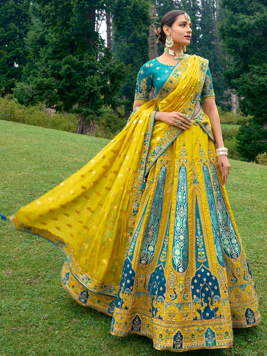Silk Wedding Lehenga with Zari work in yellow and blue -81692