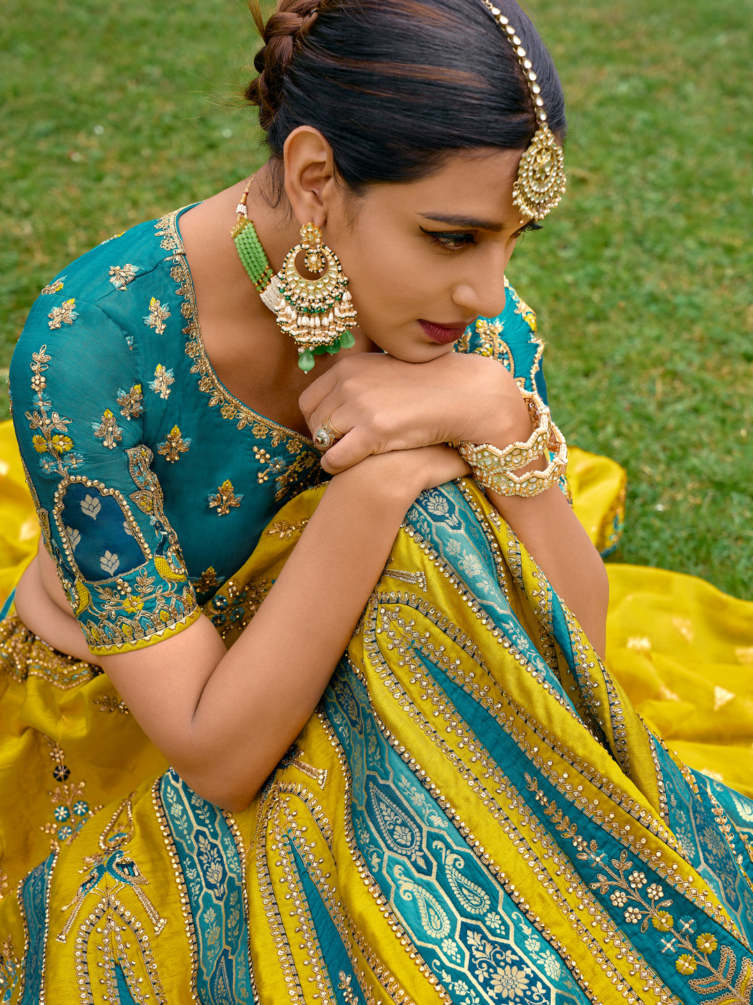 Silk Wedding Lehenga with Zari work in yellow and blue -81692