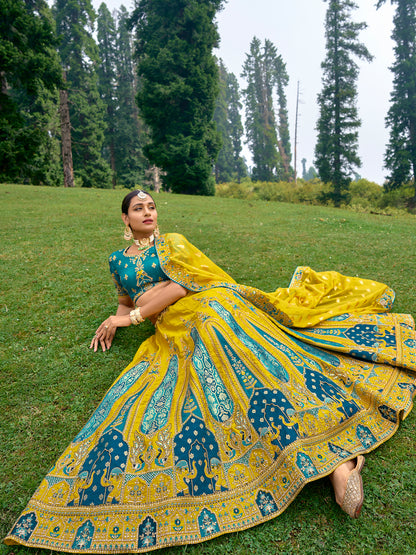 Silk Wedding Lehenga with Zari work in yellow and blue -81692