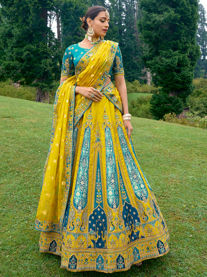 Silk Wedding Lehenga with Zari work in yellow and blue -81692