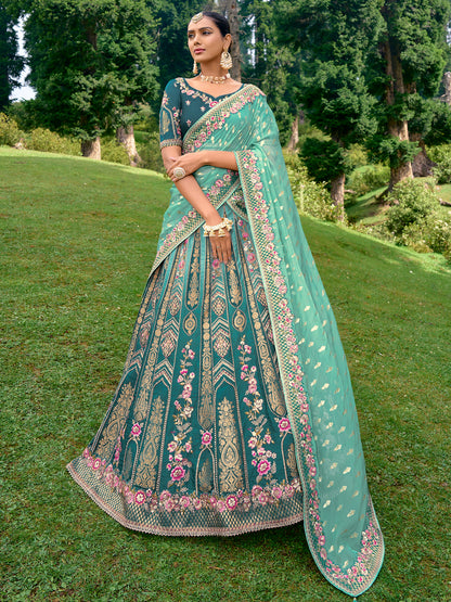 Silk Wedding Lehenga with Zari work in Blue -81693