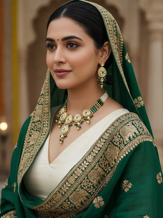Women Antique Brass Kundan Necklace Jewelry Set -20248