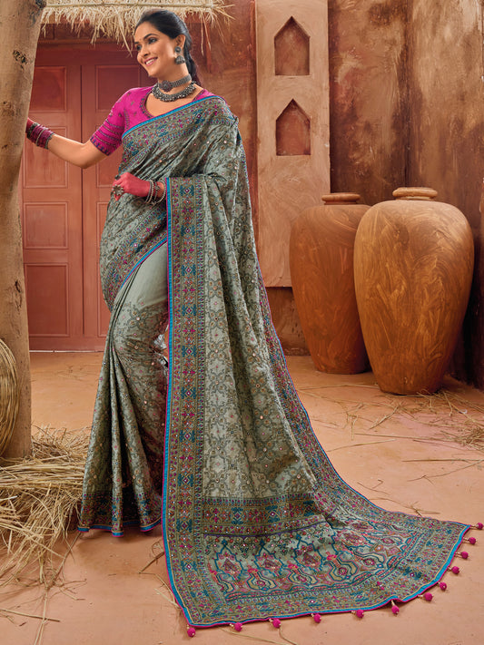 Pure Kachhi Banarasi Silk Traditional Bridal Saree In Gray Color-81505