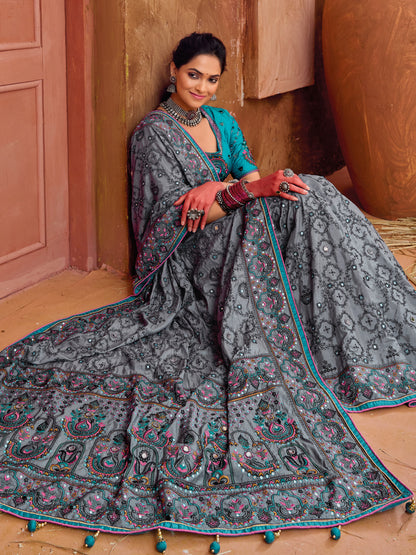 Pure Kachhi Banarasi Silk Traditional Bridal Saree In Gray Color-81506