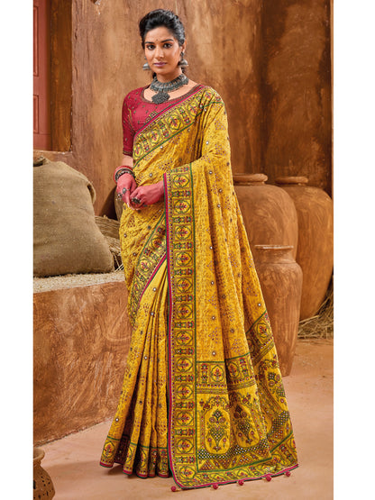 Pure Kachhi Banarasi Silk Traditional Bridal Saree In Yellow Color-81507