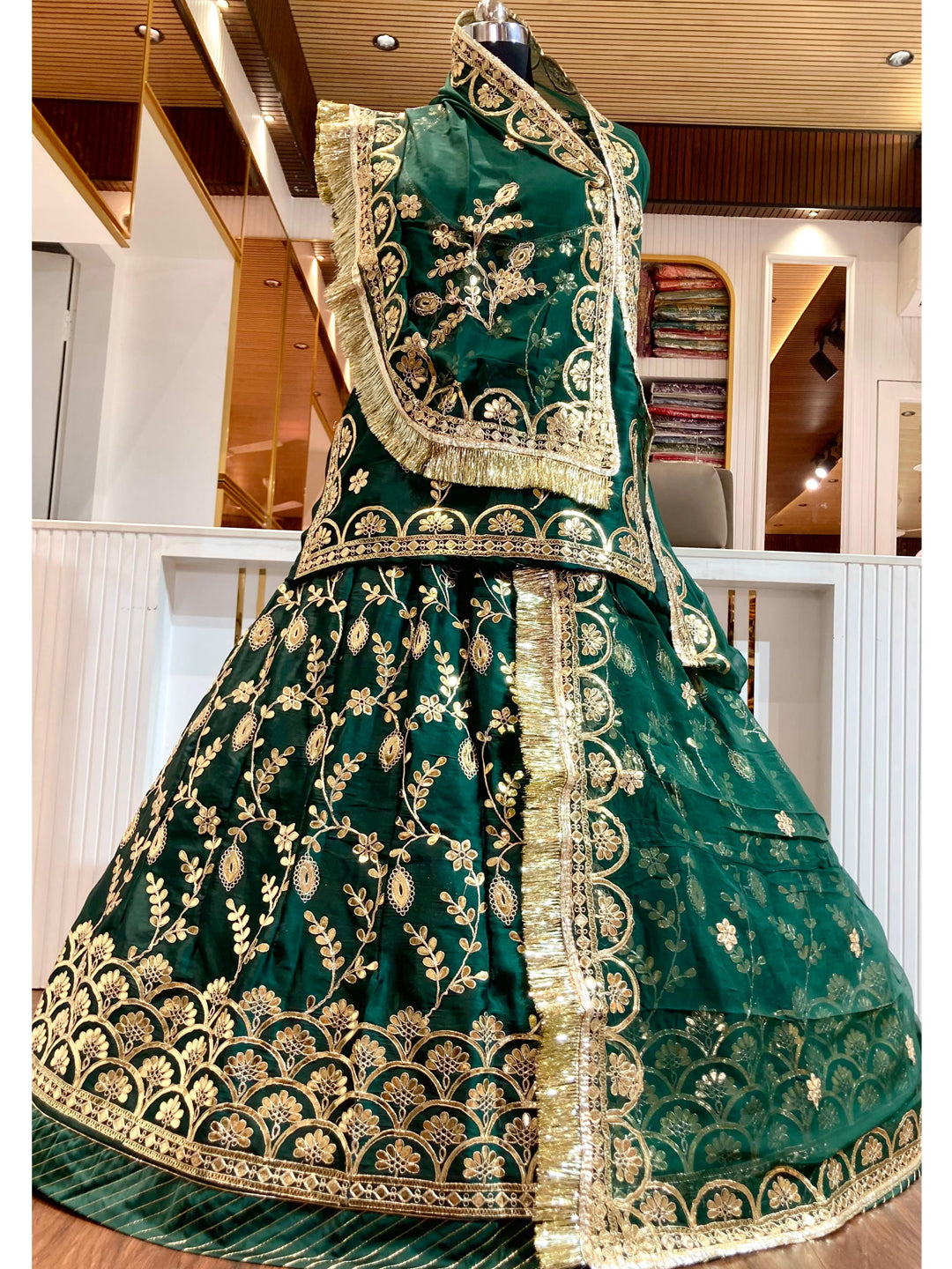 24 Kali Full Gher Bamber Satin Wedding Traditional Rajputi Poshak with Zari work In Green color-61115