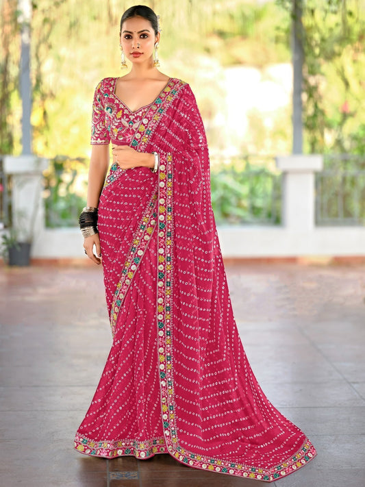 Georgette with Bandhej Printed Sequence work Saree in Pink color-41015