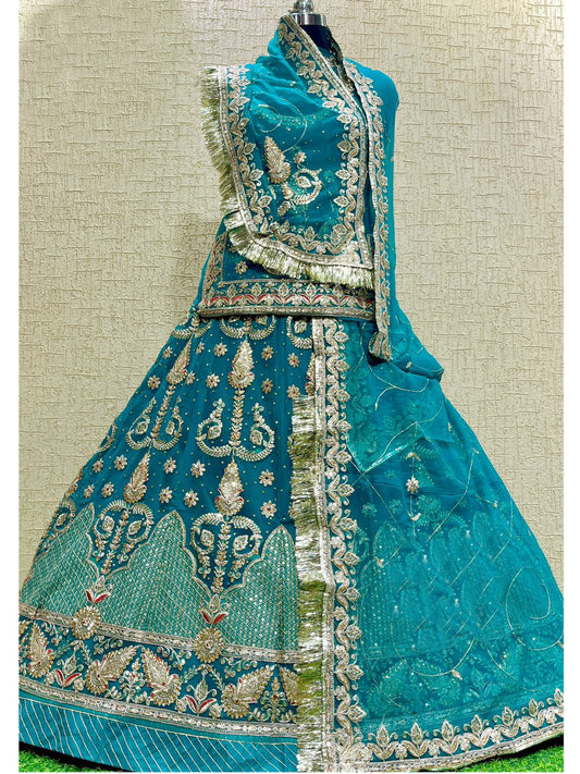 Half Pure Wedding Sangeet Kundan work Rajputi Poshak In turquoise Colour-61045