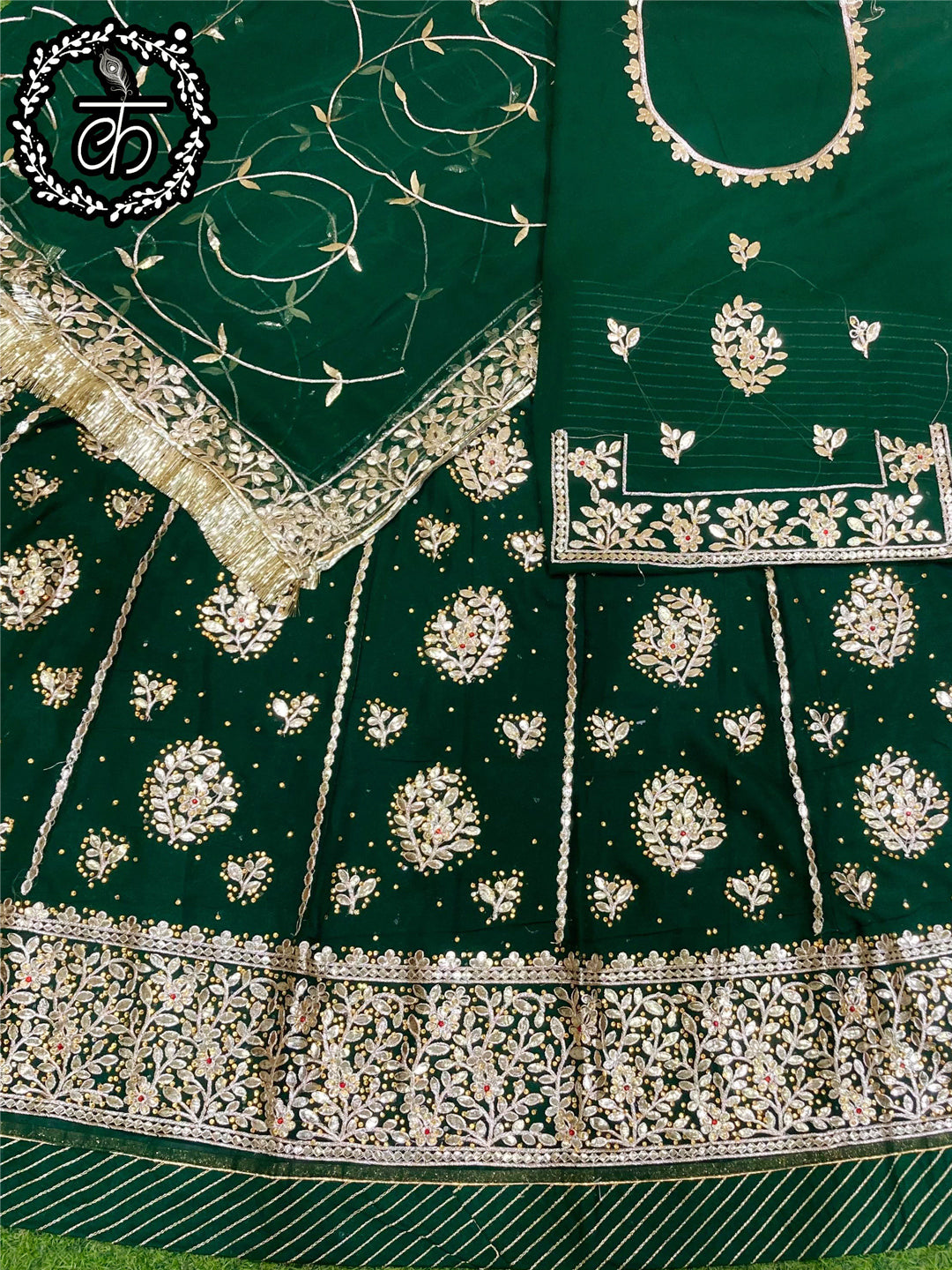 Half Pure Wedding Sangeet Fancy Gotta patti Rajputi Poshak In Green Colour-81163