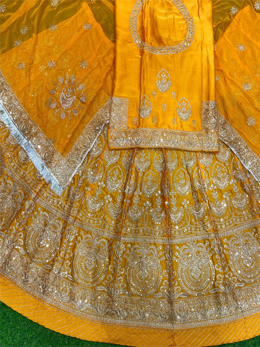 Bamber Satin Wedding Party Wear Traditional Rajputi Poshak with Zari work In Yellow color-82133