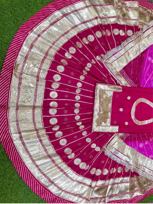50 Kali Full Gher Beutifull Designer Silk Wedding Sangeet Seekiya Gotta Work Rajputi Poshak In Pink Color