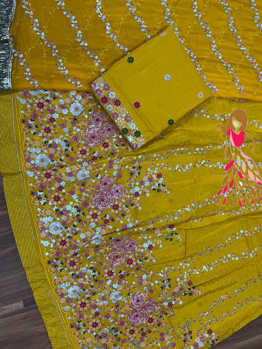 Pure Upadda Silk Haldi Sangeet Wedding Rajputi Poshak In Yellow color-81924