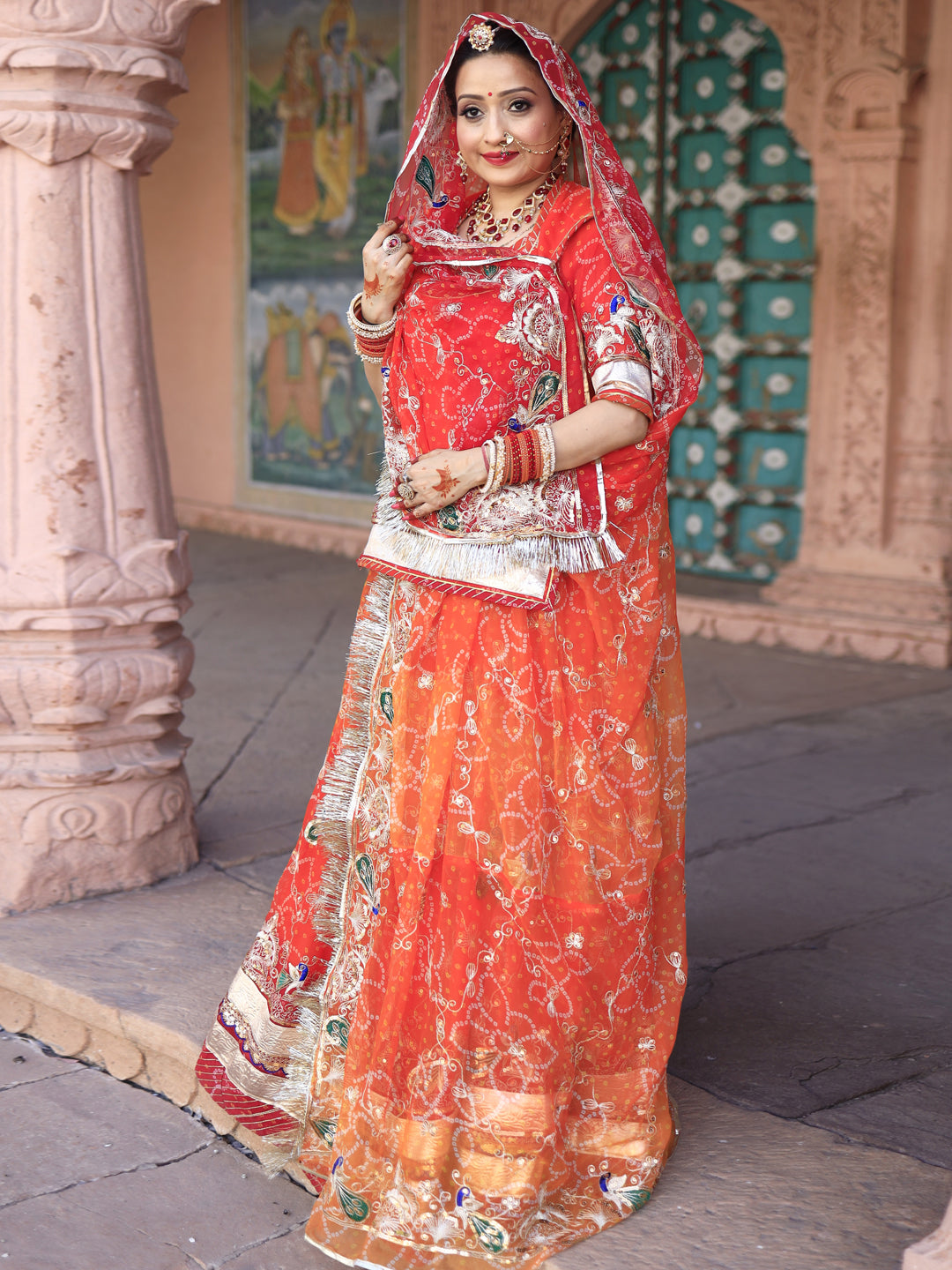 Bandhani Royal Pure 4 mtr full Gher Rajputi Poshak In Orange Color-91308