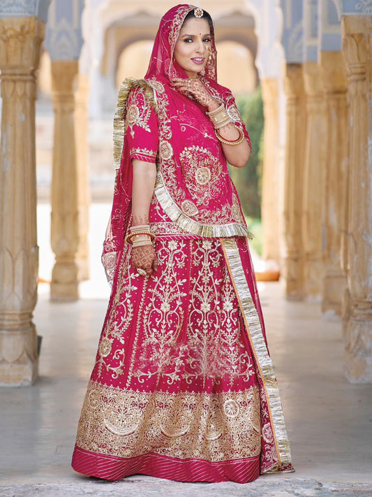 Heavy Kundan Upada Silk Traditional Bridal Rajputi Poshak In Pink-81632