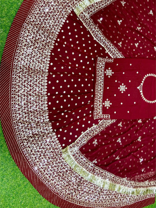 Tikki Sequence Blooming Georgette Traditional Full Gher Wedding Rajputi Poshak In Red Color-81940