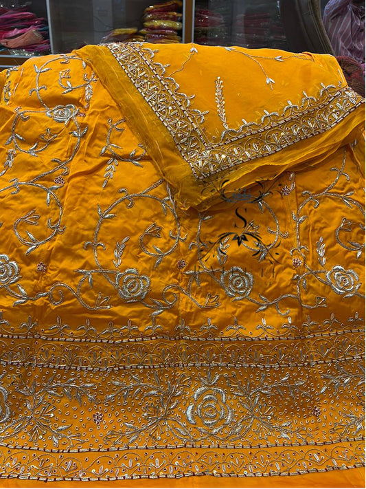Bember Satin and Thakurgi Pure Bridal wedding Kundan dabka work Rajputi Poshak In Yellow Color-81951