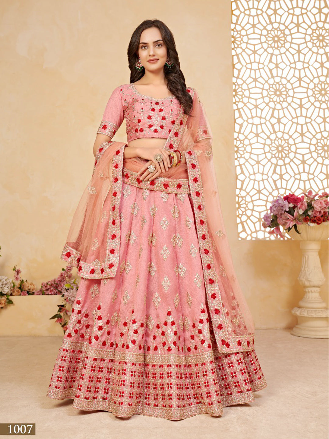 Embroidered Silk Festive Sangeet Lehenga in Pink color- 91041