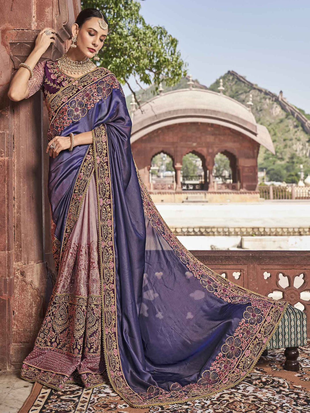 Embroidered Blooming Satin Bafi Traditional Partywear Saree In Purple Color-81665