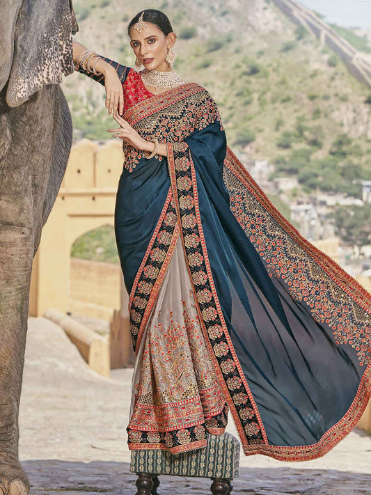 Embroidered Blooming Satin Bafi Traditional Partywear Saree In Blue Color-81667