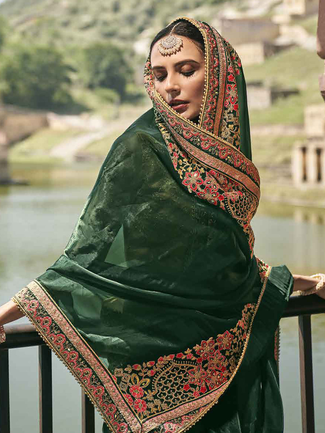 Embroidered Blooming Satin Bafi Traditional Partywear Saree In Green Color-81668