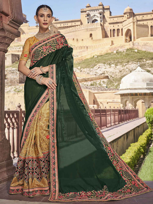 Embroidered Blooming Satin Bafi Traditional Partywear Saree In Green Color-81668