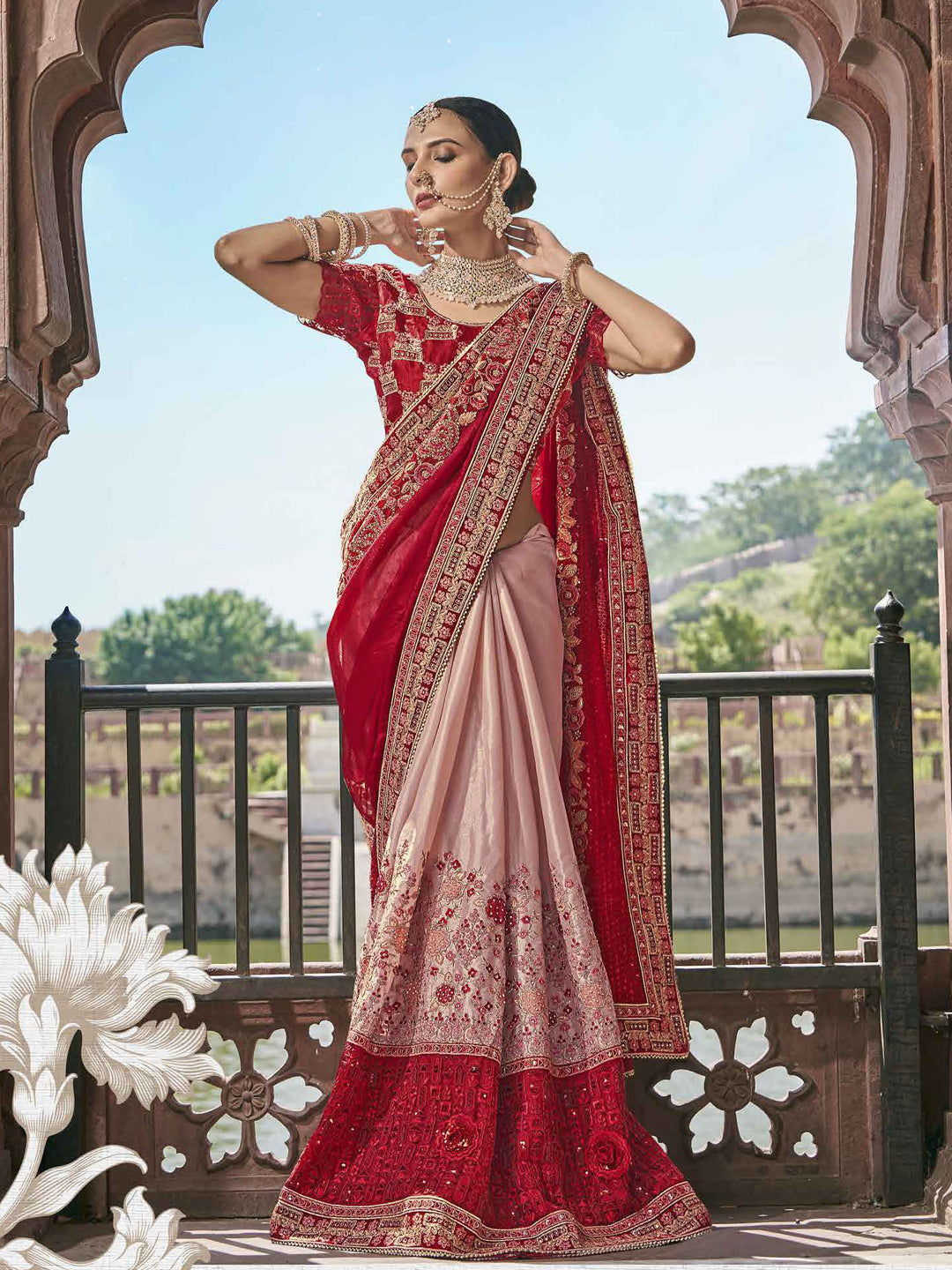 Embroidered Blooming Satin Bafi Traditional Partywear Saree In Red Color-81669