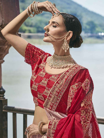 Embroidered Blooming Satin Bafi Traditional Partywear Saree In Red Color-81669