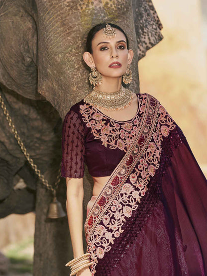 Embroidered Blooming Satin Bafi Traditional Partywear Saree In Purple Color-81670