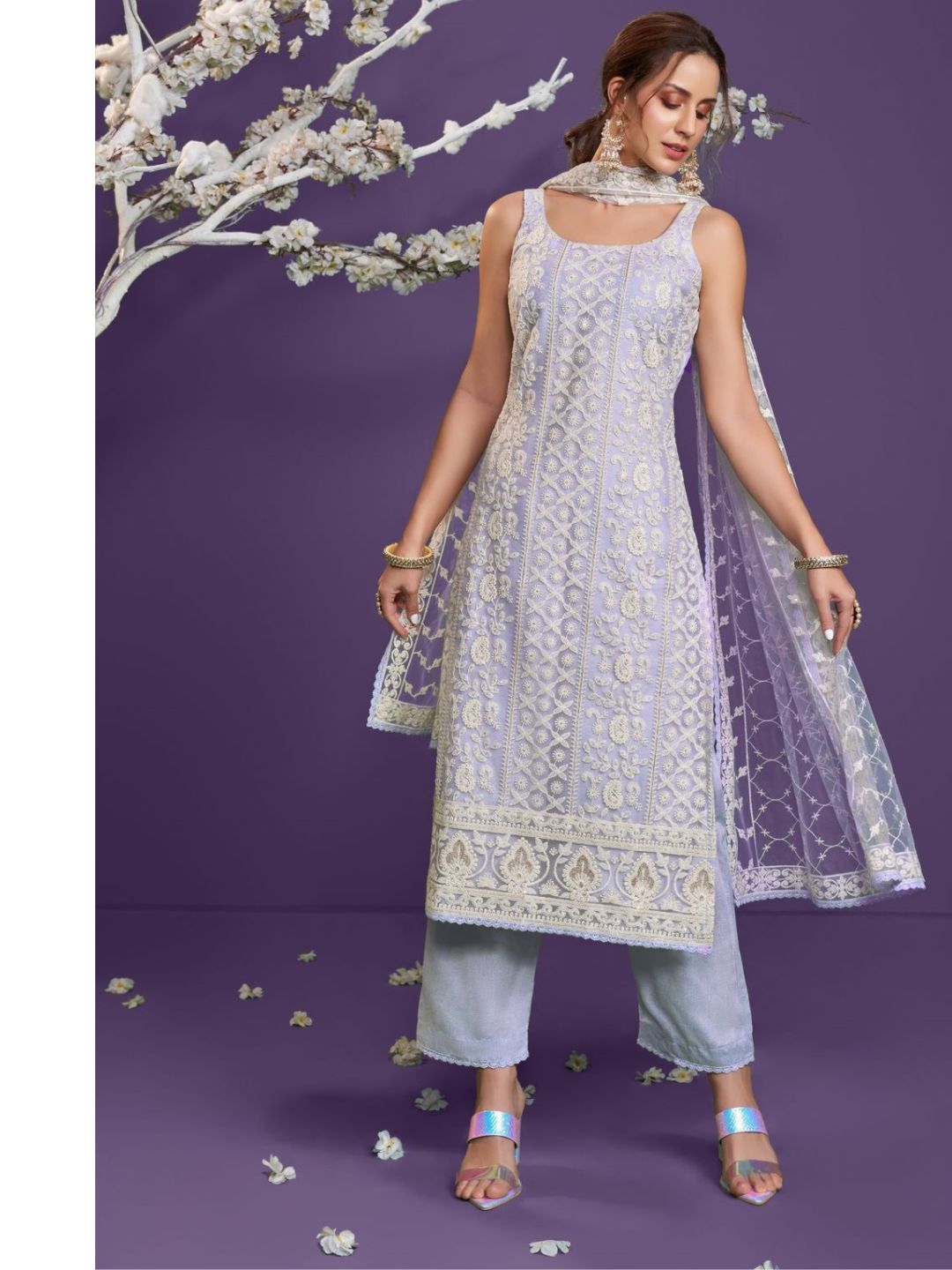 Embroidered Net Pakistani Suit in Purple