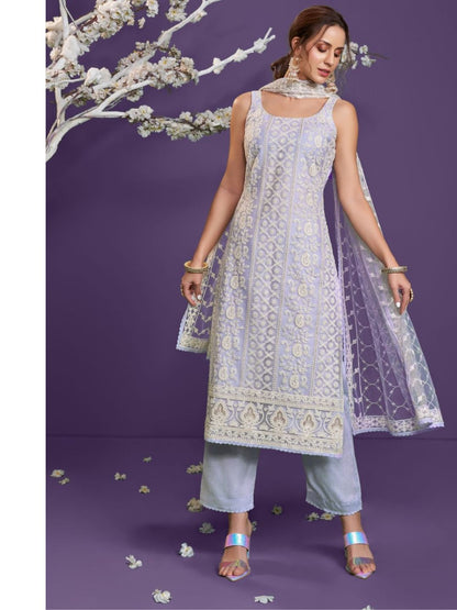 Embroidered Net Pakistani Suit in Purple