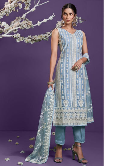 Embroidered Net Pakistani Suit in Blue