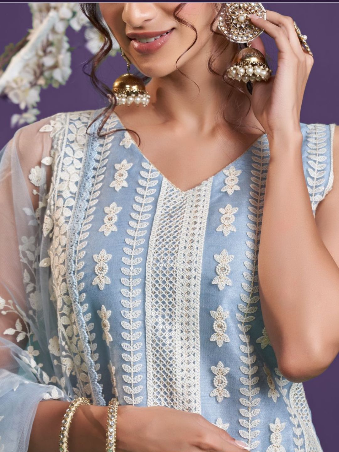 Embroidered Net Pakistani Suit in Blue