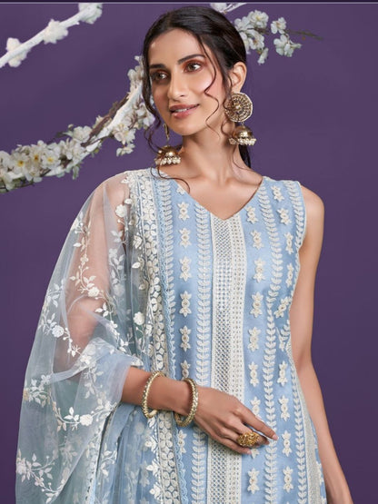 Embroidered Net Pakistani Suit in Blue