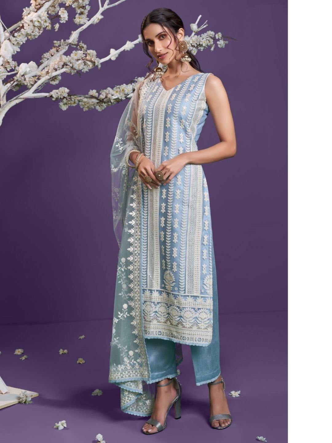 Embroidered Net Pakistani Suit in Blue