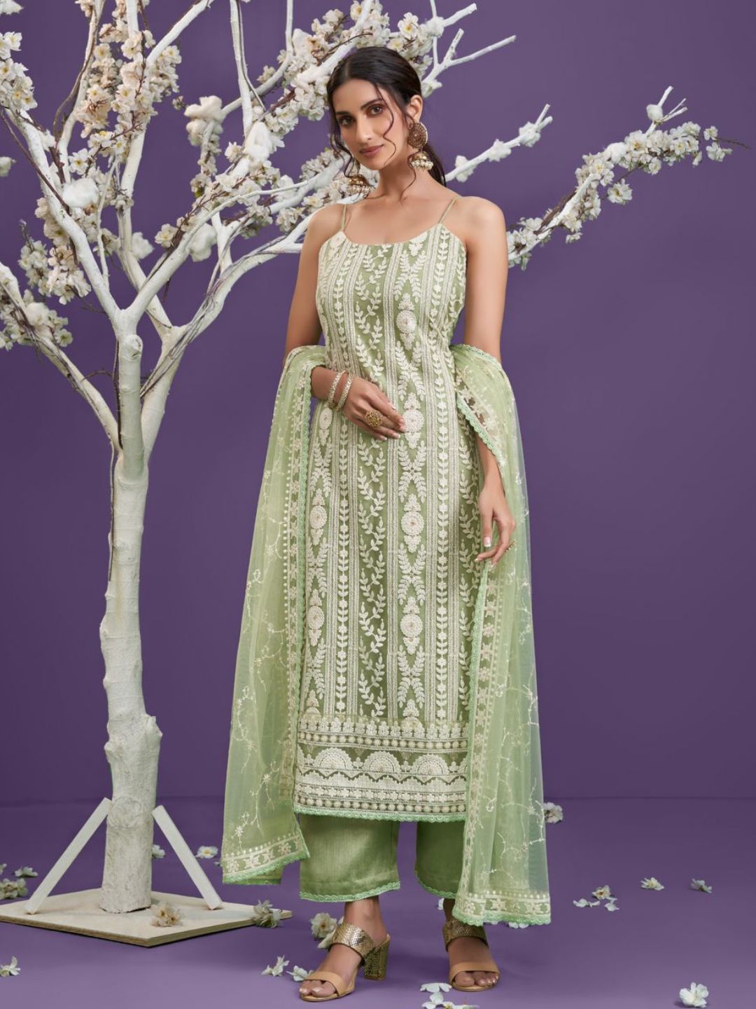 Embroidered Net Pakistani Suit in Green