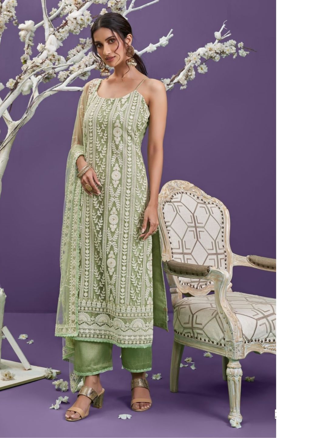 Embroidered Net Pakistani Suit in Green