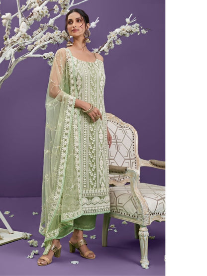 Embroidered Net Pakistani Suit in Green