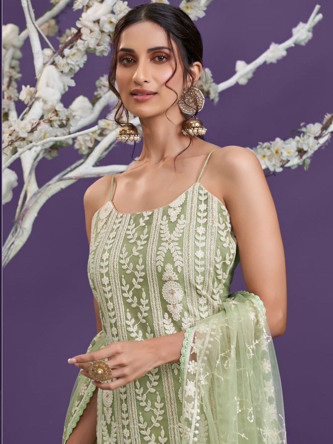 Embroidered Net Pakistani Suit in Green