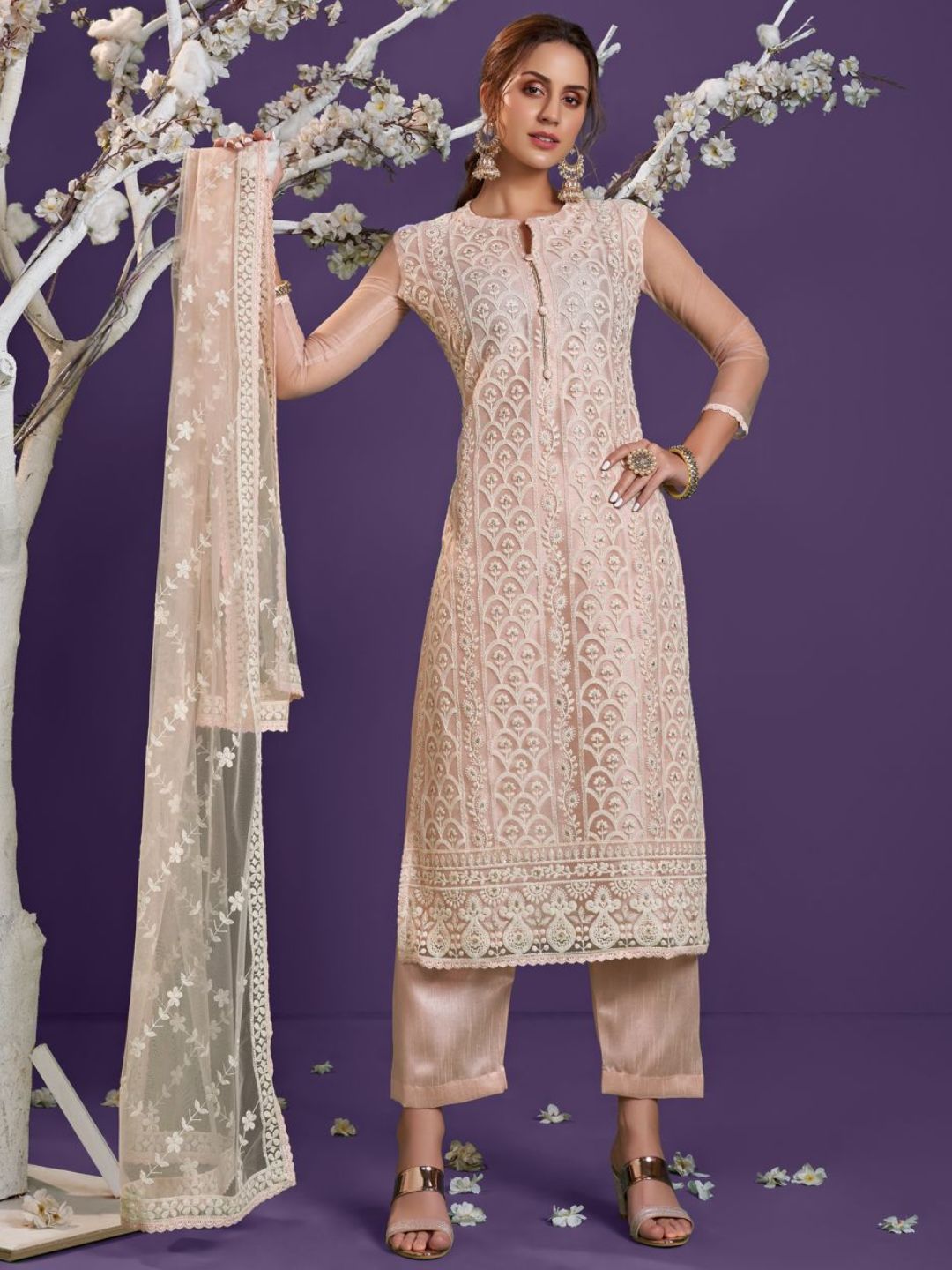 Embroidered Net Pakistani Suit in Beige