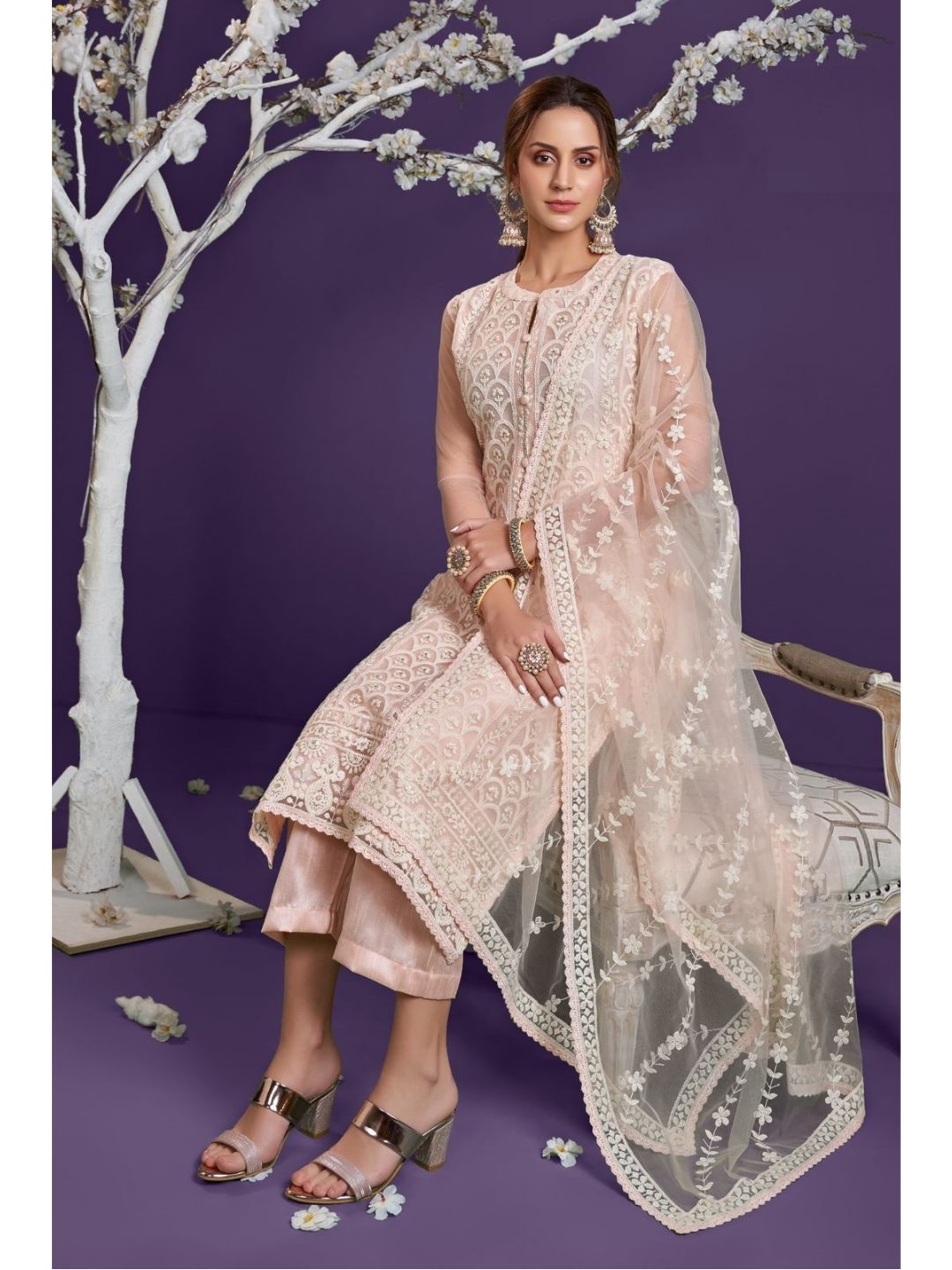 Embroidered Net Pakistani Suit in Beige