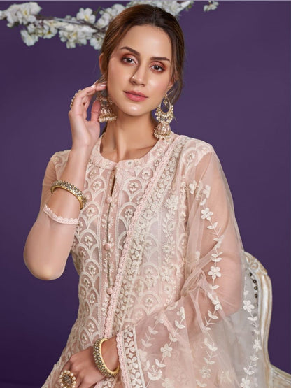 Embroidered Net Pakistani Suit in Beige